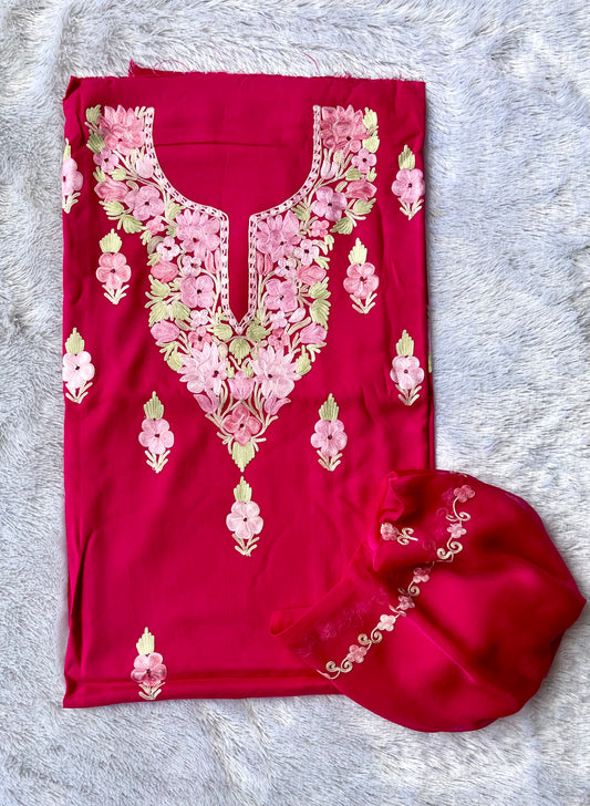 Hot Pink Muslin Cotton Kashmiri Aari Full Embroidered 3pc Suit Set