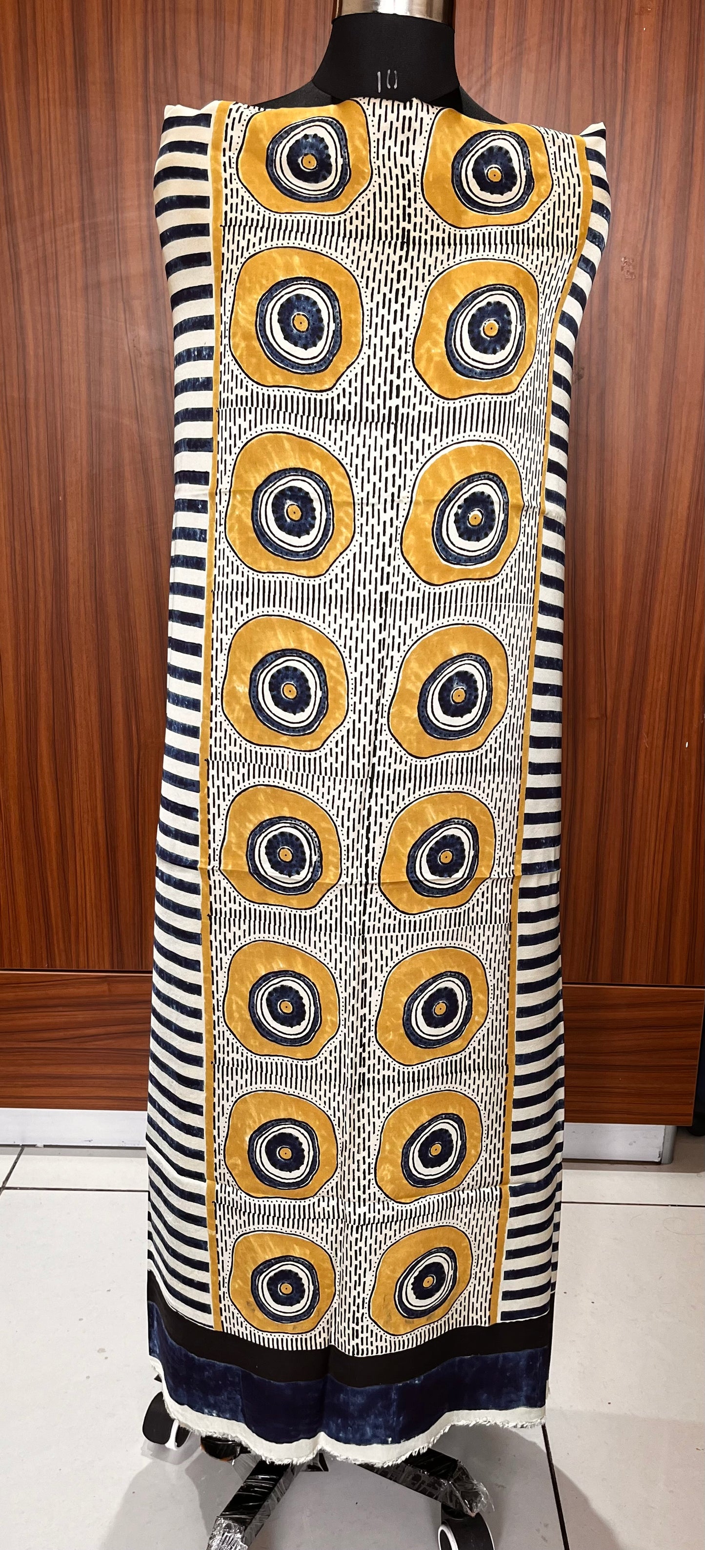 Blue and Mustard Circle Motif Modal Silk Ajrakh Hand Block Print Designer Unstitched Fabric (Kurta Only)