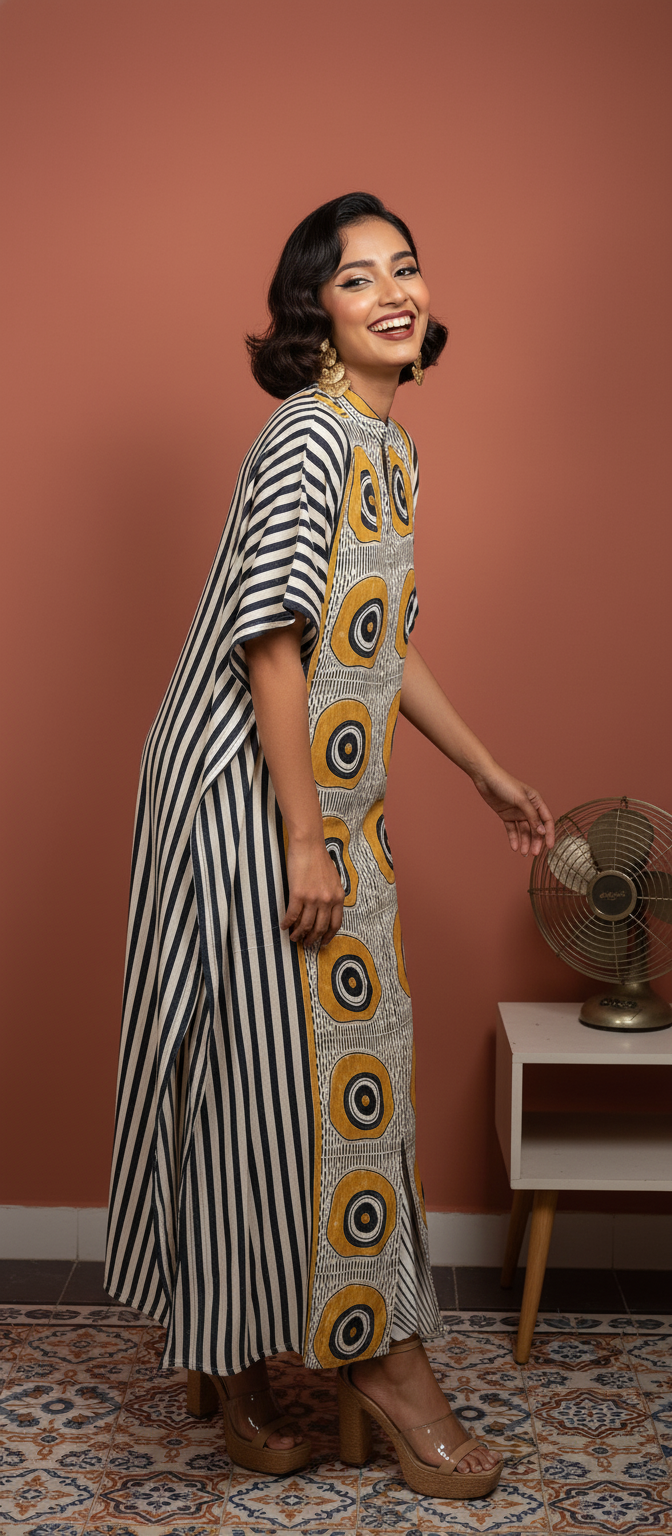 Blue and Mustard Circle Motif Modal Silk Ajrakh Hand Block Print Designer Unstitched Fabric (Kurta Only)