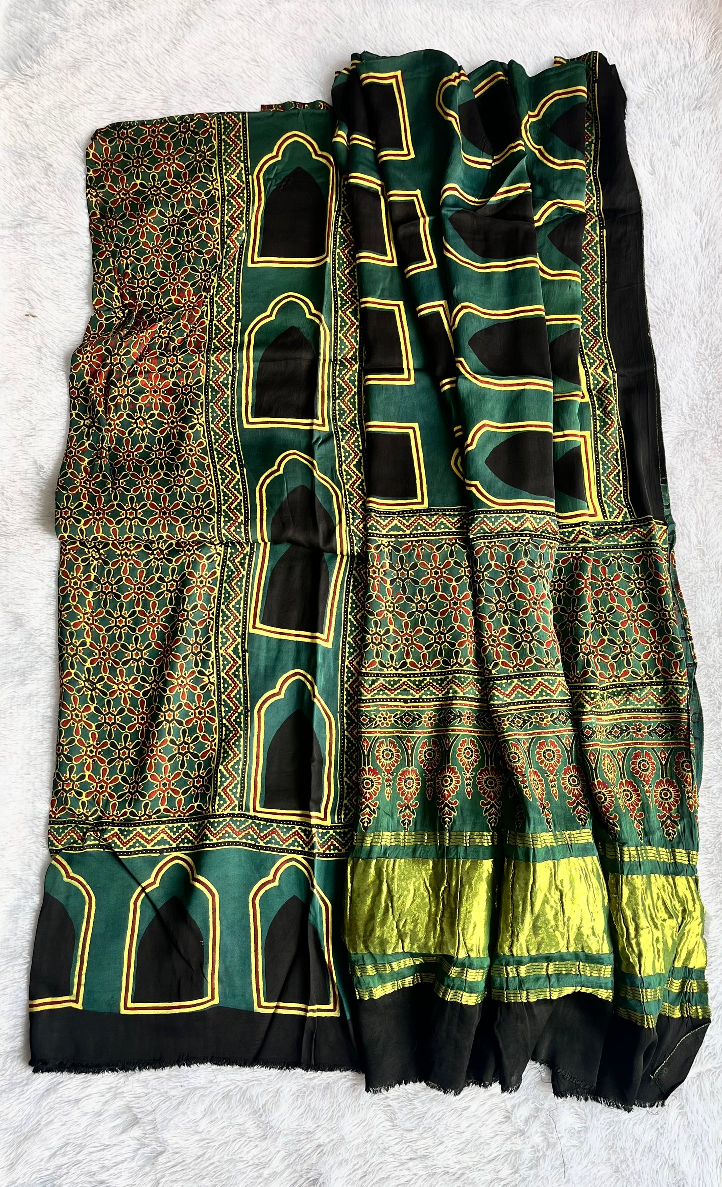 Green Jharokha Motif Modal Silk Ajrakh Hand Block 2 pc Suit Set with Lagdi Patti Dupatta