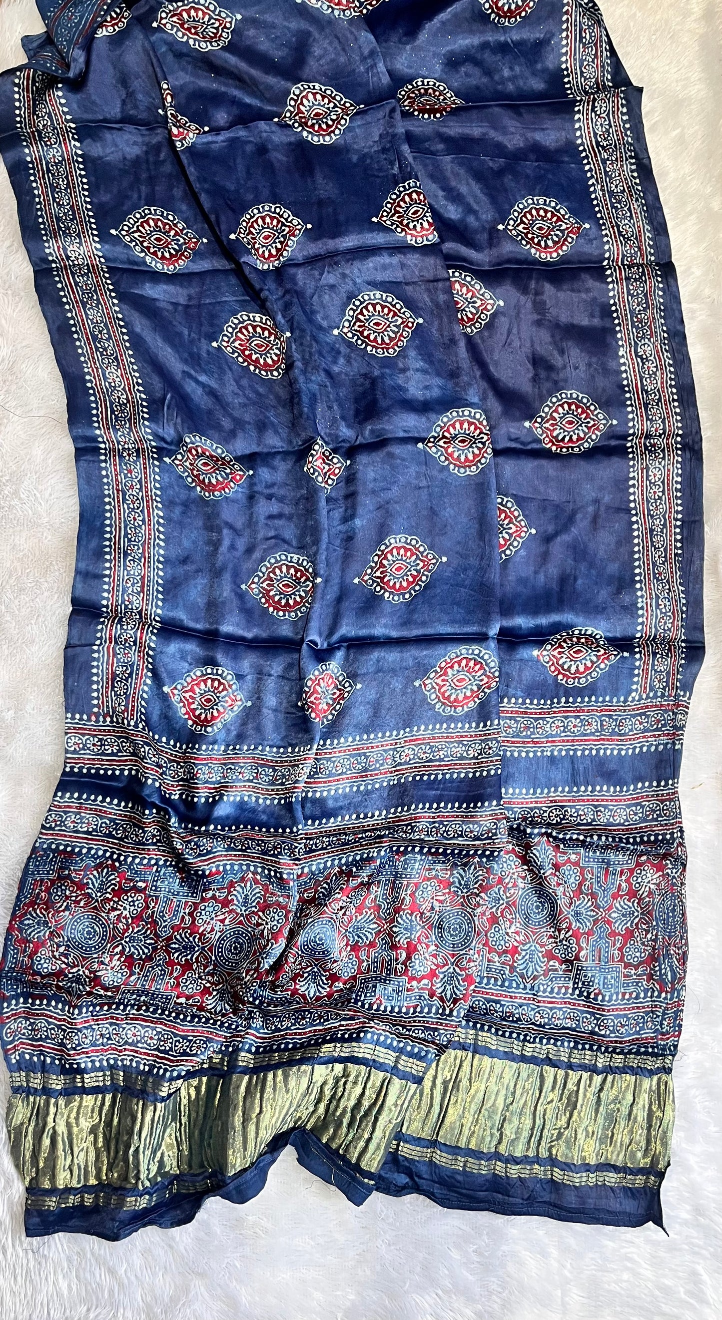 Royal Blue Sipi Motif Ajrakh Handblock Printed Modal Silk Lagdi Patti Dupatta