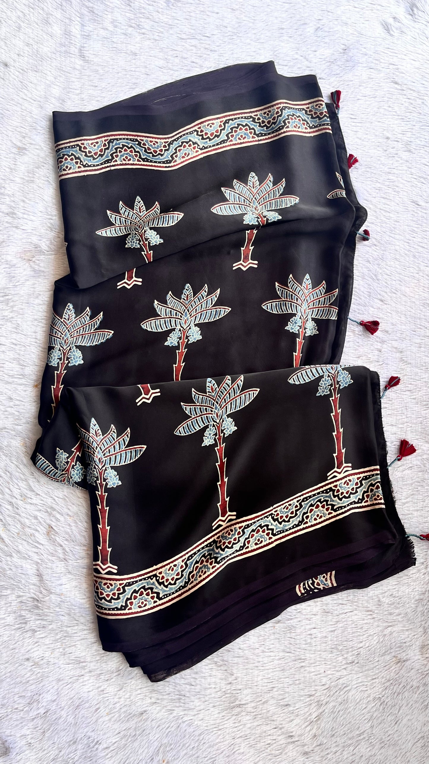 Black Magic Ajrakh Hand Block Natural Dye Modal Silk Saree With Blouse