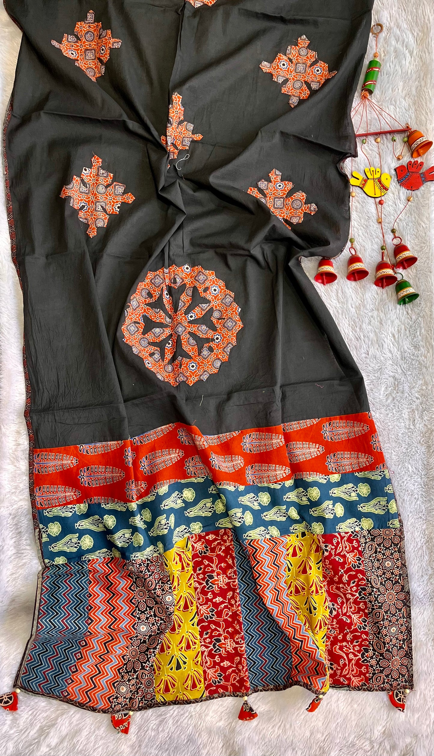 Black Ajrakh Applique Patchwork Cotton Dupatta