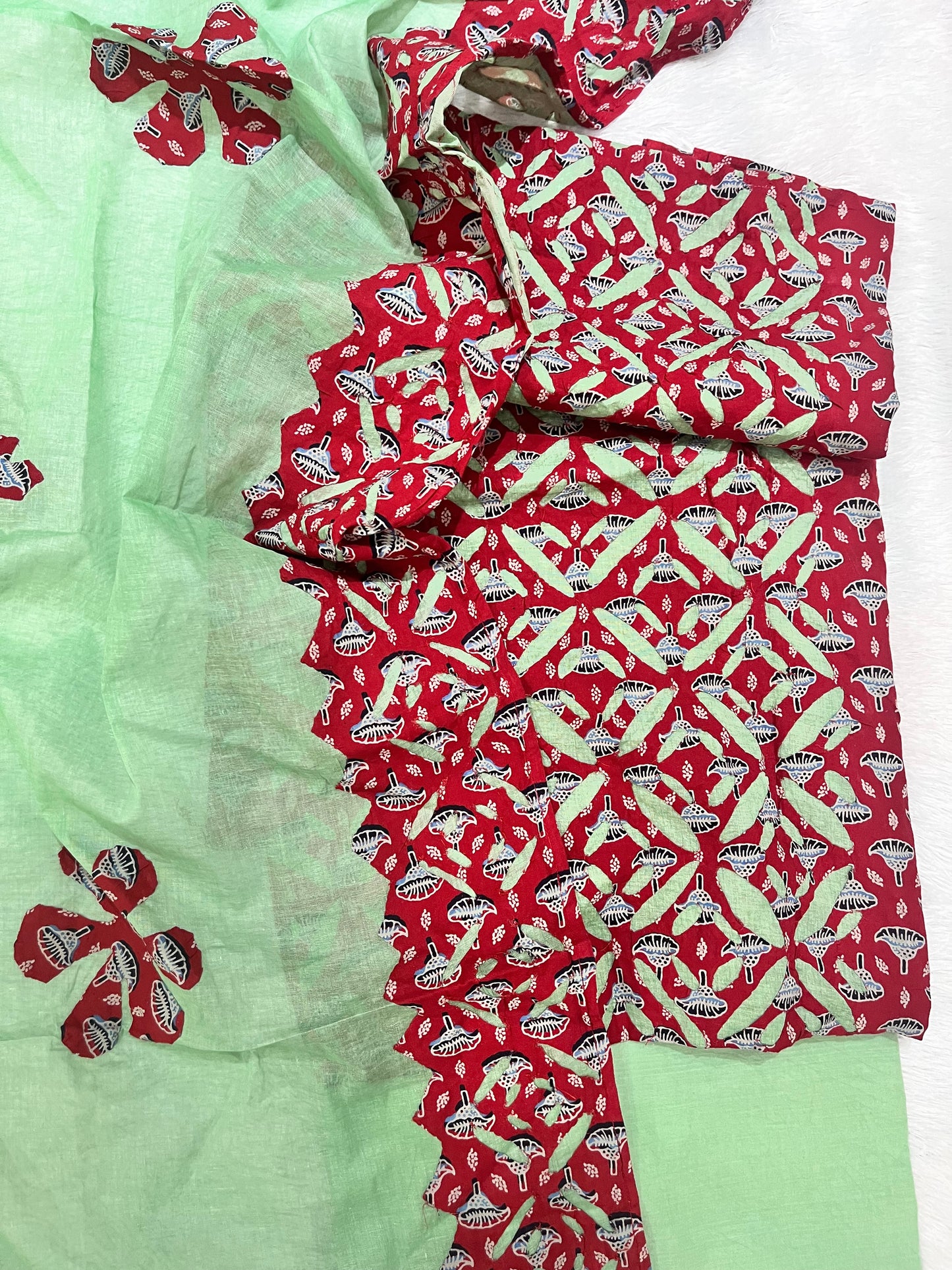 Pista Green and Red Ajrakh Applique Pure Cotton Unstitched Suit Set with Arcandi Cotton Dupatta