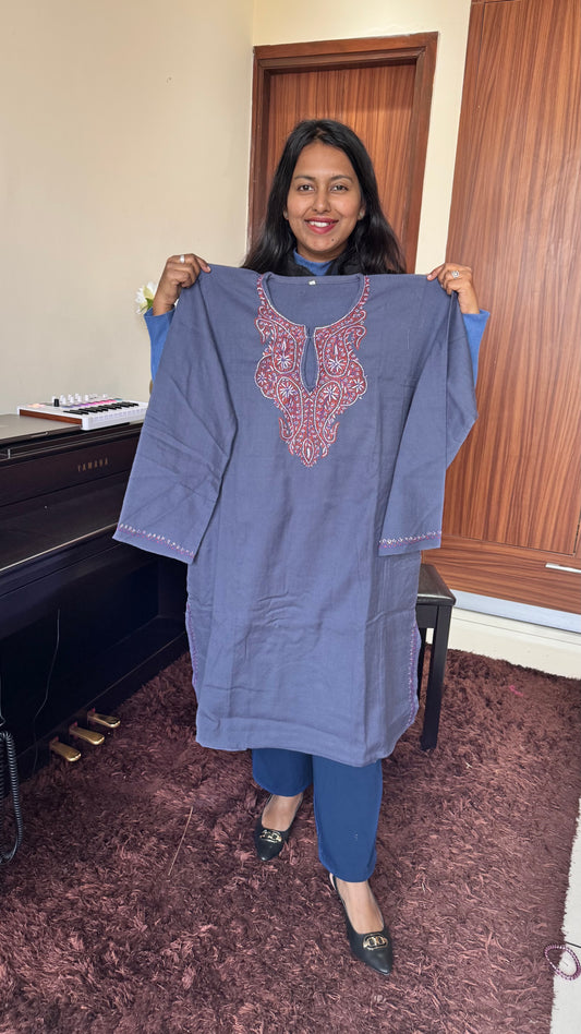 Ash Blue Sozni Hand Embroidered Pure Marino Wool Kashmiri Pheran with Pockets and Hand Embroidered Sleeves (Size 52”)