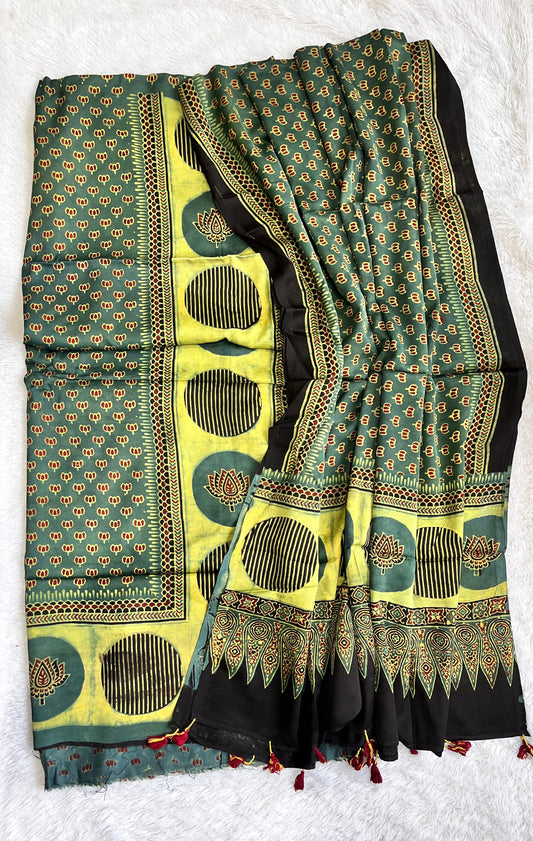 Enchanting Green Circle Buta Print Modal Silk Ajrakh Hand Block Suit Set