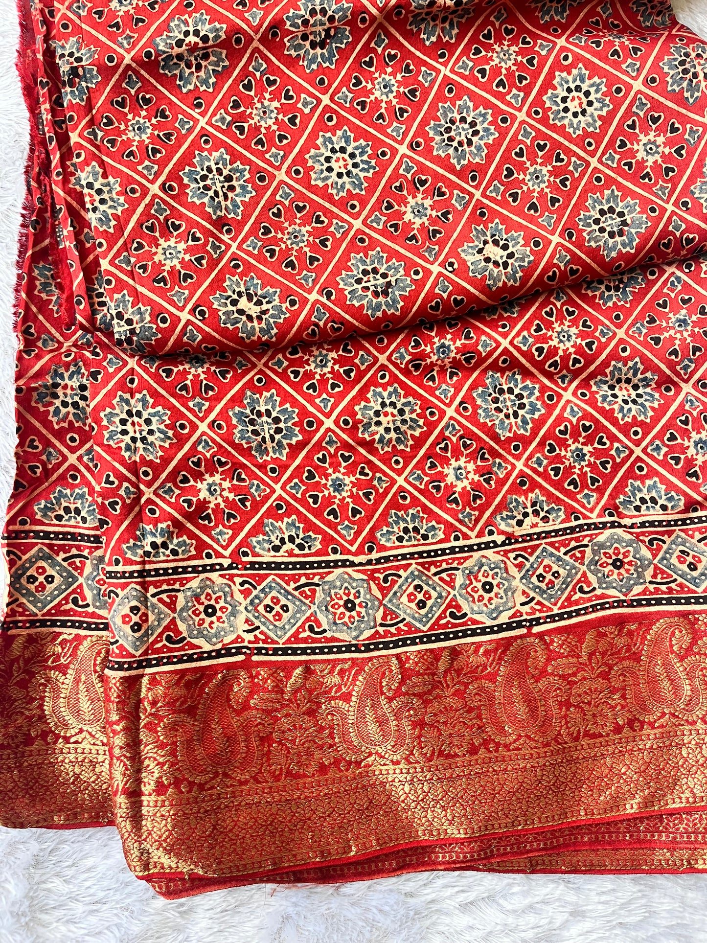 Kashi Ajrakh Hand Block Dola Silk Saree with Zari Pallu (With Blouse)