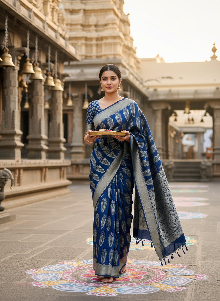 Indigo Asopallav Buta Motif Ajrakh Hand Block Dola Silk Saree with Zari Pallu (With Blouse)