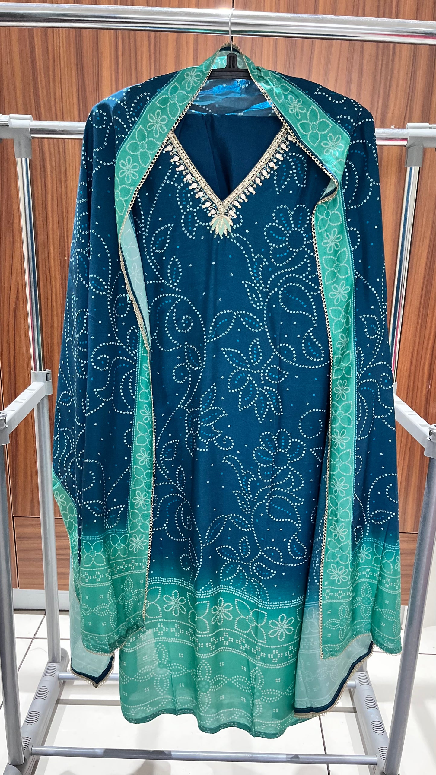 Teal Dual Toned Raidana Bandhej Motif Pure Muslin Suit Set with Muslin Dupatta