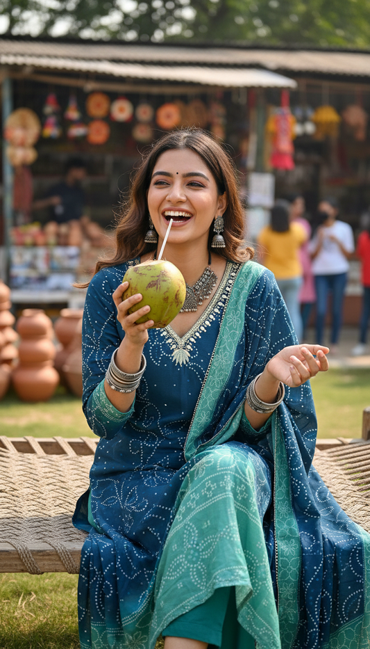 Teal Dual Toned Raidana Bandhej Motif Pure Muslin Suit Set with Muslin Dupatta