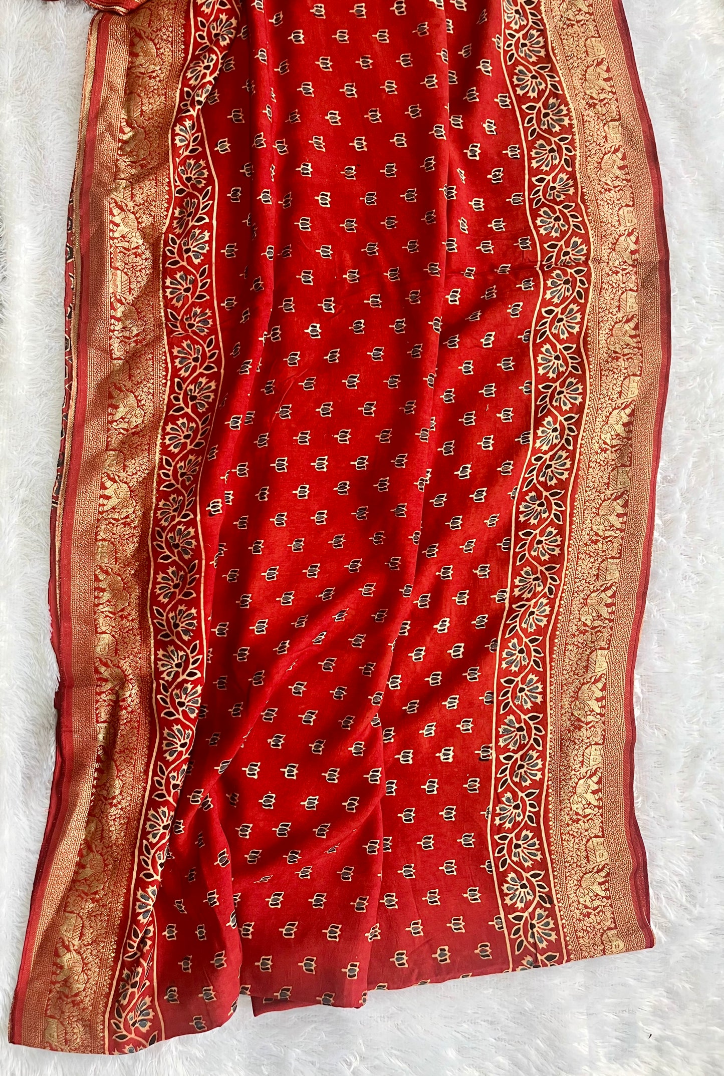 Brick Red Kamal Buti Motif Ajrakh Hand Block Dola Silk with Nakkashi Zari Pallu Saree With Blouse