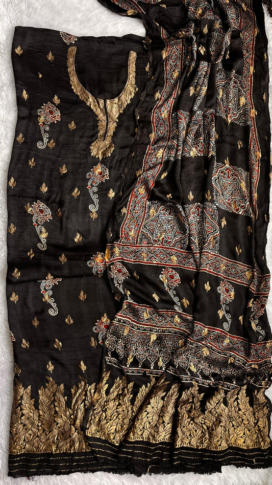 Alluring Black Boota Motif Ajrakh Hand Block Dola Silk Suit Material with Nakkashi Border