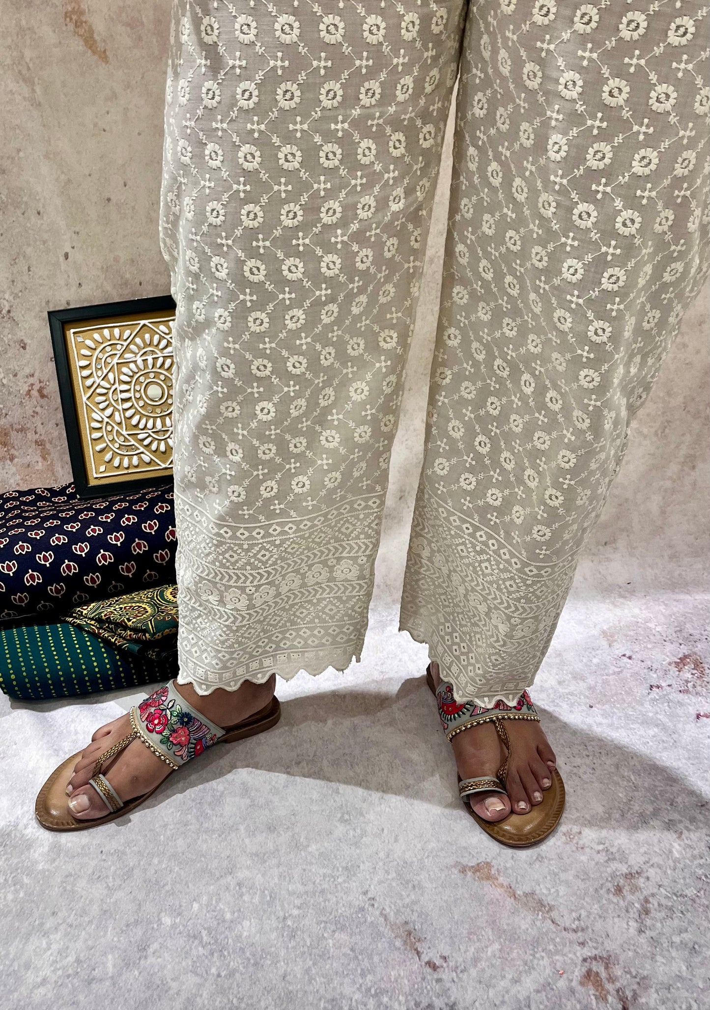 Off White Cotton Pants with Full Chikankari Work