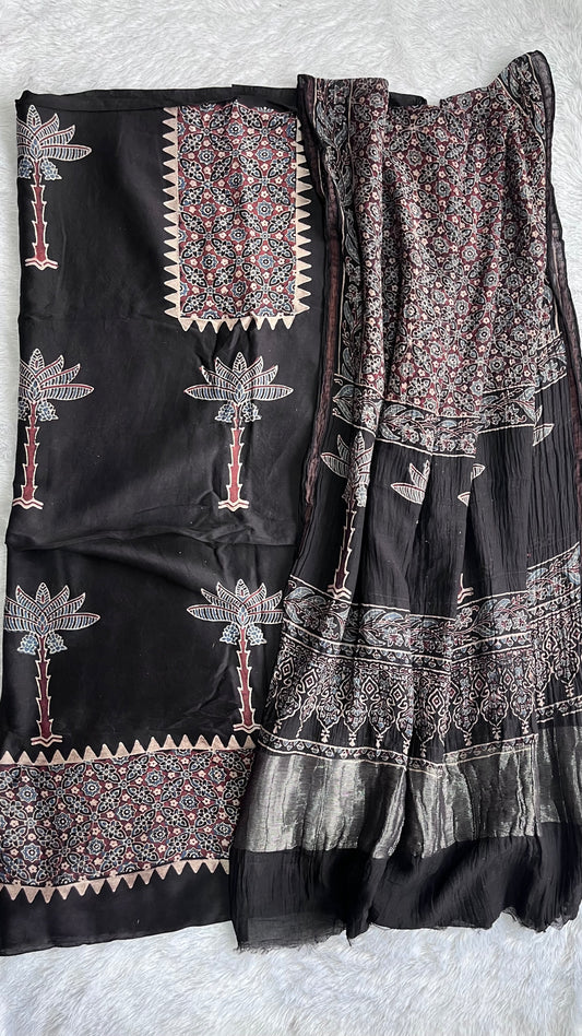 Black Palm Tree Motif Chanderi  Silk Cotton Ajrakh Natural Dyed Hand Block 2pc Suit Set