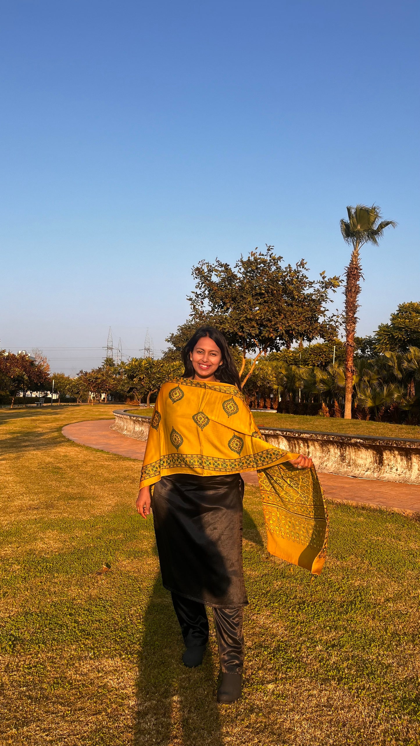 Yellow and Green Diamond Boota Ajrakh Hand Block Print Modal Silk Stole with Tassels