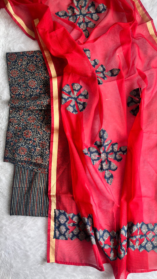 Blue and Red Pure Cotton Ajrakh Unstitched Suit Set with Ajrakh Applique Kota Dupatta