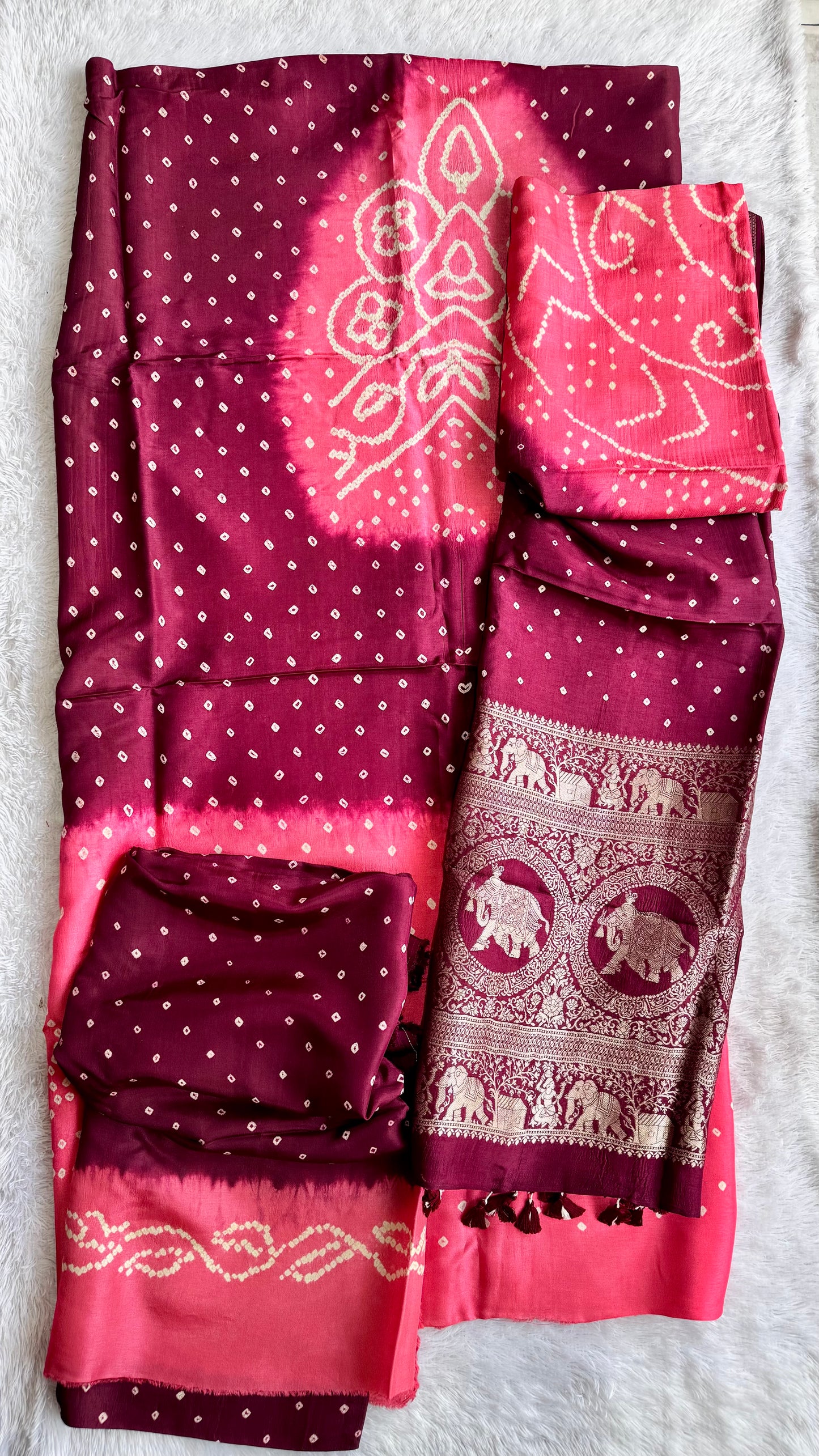 Maroon and Peach Bandhej Pure Dola Silk Ajrakh Hand Block Print 3 pc Suit Material Set with Menakari Yoke and Nakkashi Dupatta and Bottom.
