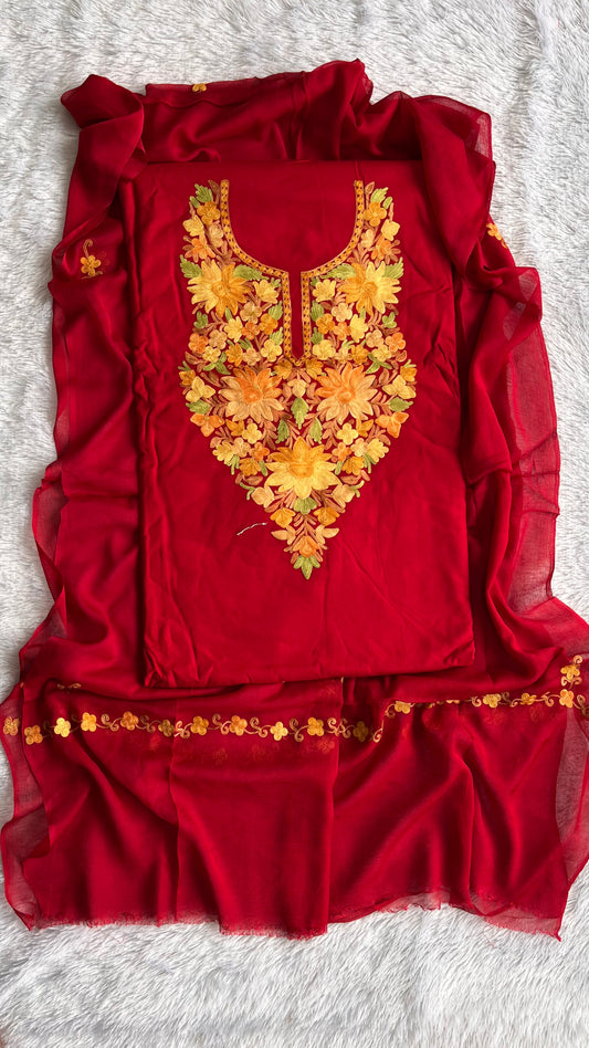 Rare Red with Mustard Work Muslin Cotton Kashmiri Aari Embroidered 3pc Suit Set