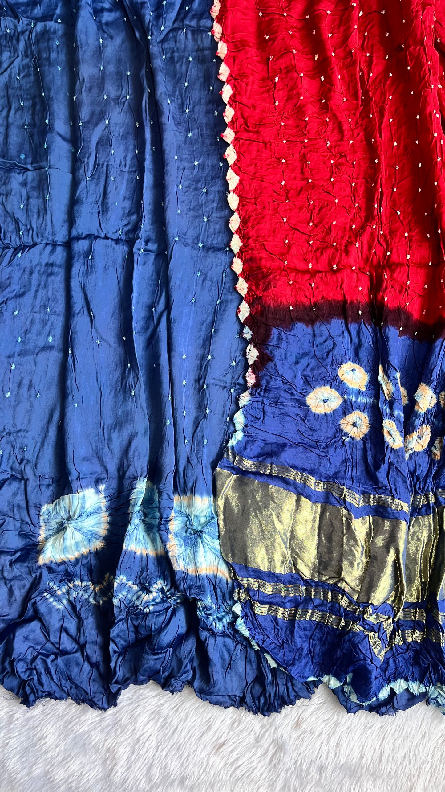 Ink Blue and Red Bandhej Modal Silk Hand Block Print 2pc Suit Material with Lagdi Patti Bandhej Dupatta
