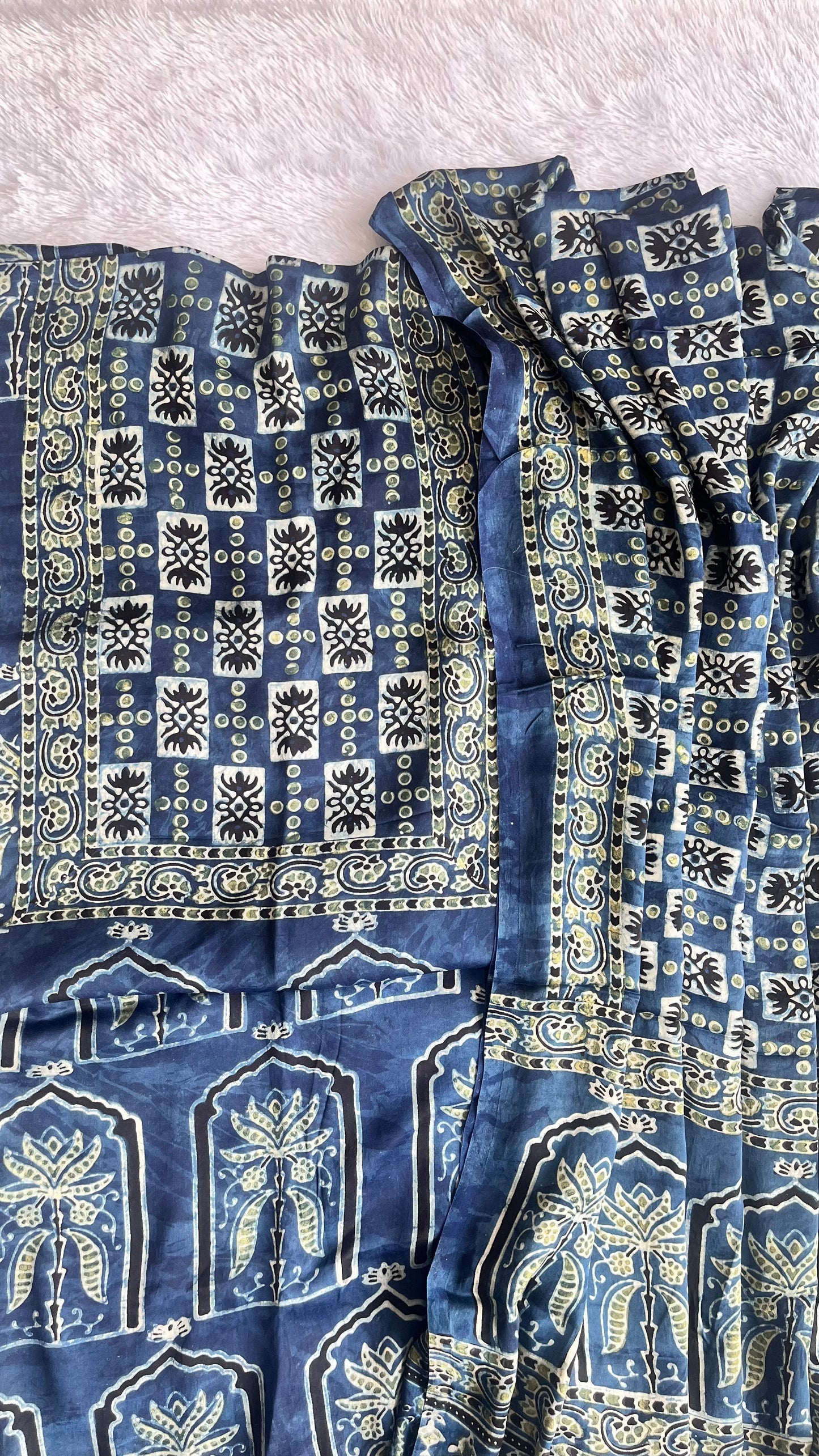 Indigo Jharokha Motif Modal Silk Ajrakh Hand Block Print 2pc Suit Set