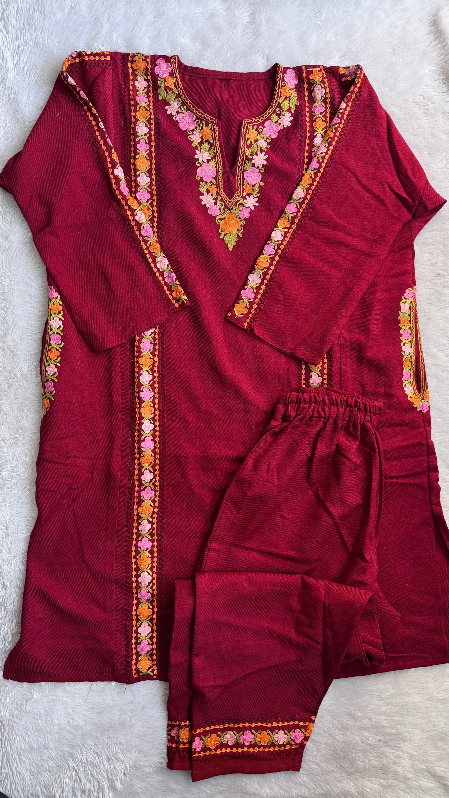Maroon with Multicoloured Floral Kashmiri Aari Hand Embroidered Woollen Pheran Set with Pockets and Pants