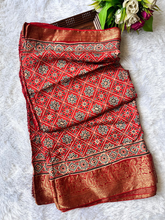 Kashi Ajrakh Hand Block Dola Silk Saree with Zari Pallu (With Blouse)