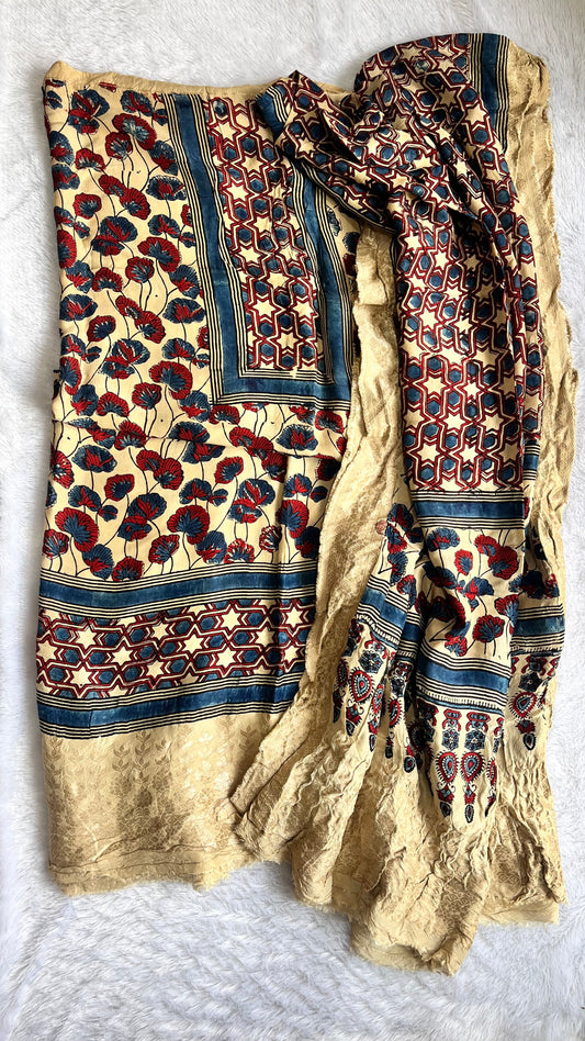 Off White Dola Silk Ajrakh Hand Block Print 2pc Suit Material Set with Nakkashi Dupatta