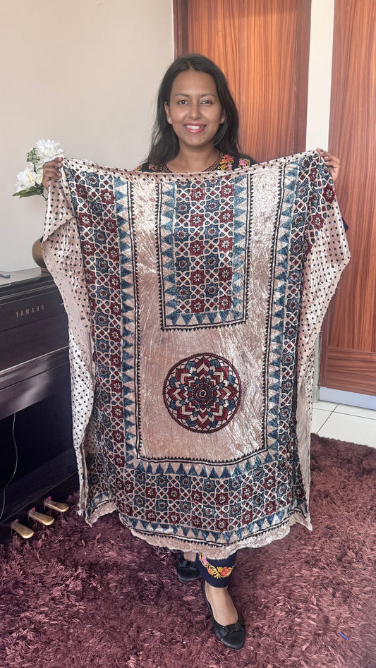 Off White with Indigo Blue and Red Buta Velvet Fabric Ajrakh Hand Block Print Designer Unstitched Fabric (Kurta Only)