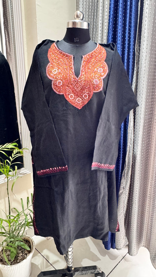 Black Shade Sozni Hand Embroidered Pure Marino Wool Kashmiri Pheran with Pockets and Hand Embroidered Sleeves (Size 56”)
