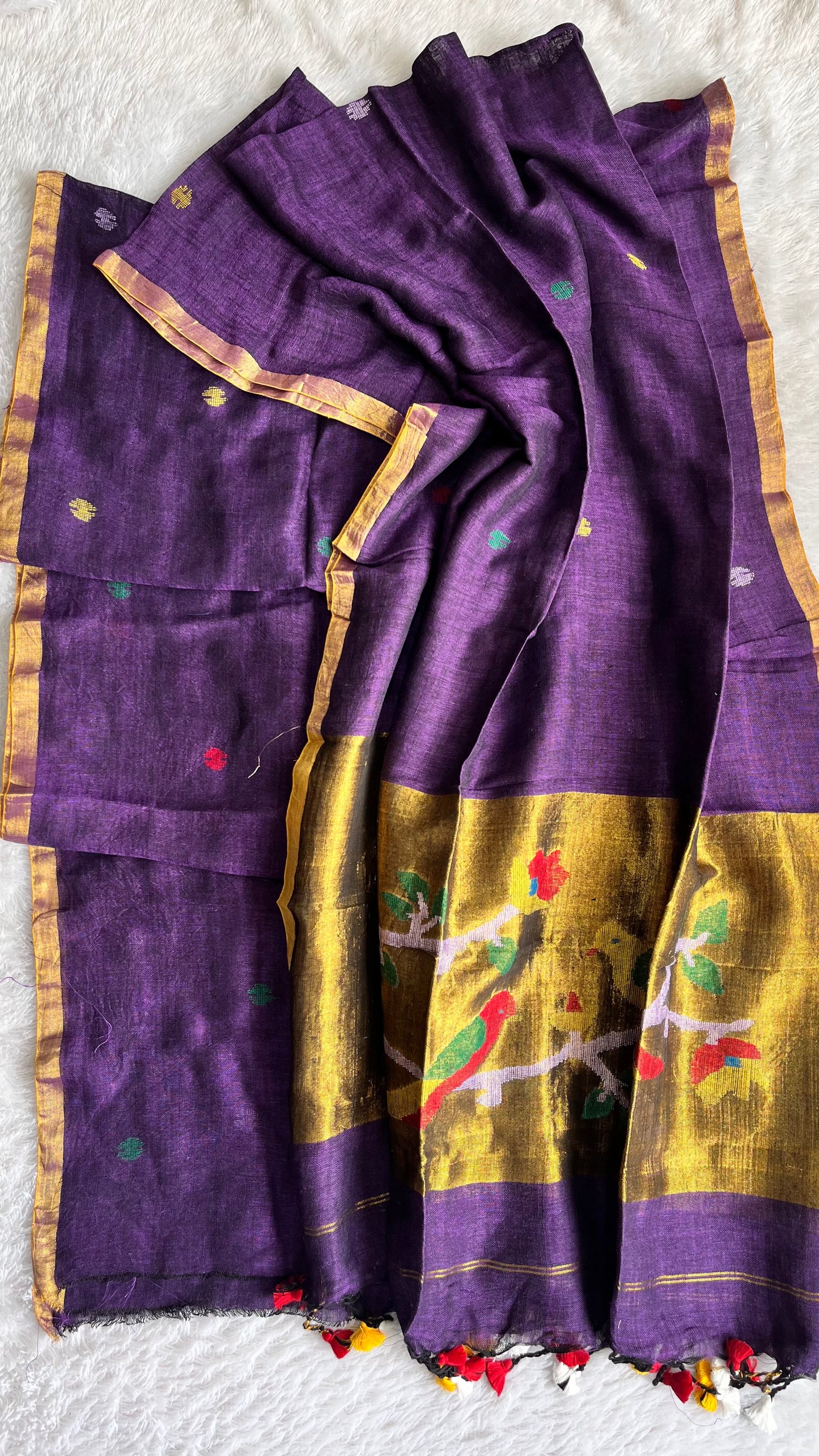 Purple Paithani Unstitched Pure Linen on Linen Hand Woven Daman 2 pc Suit Set