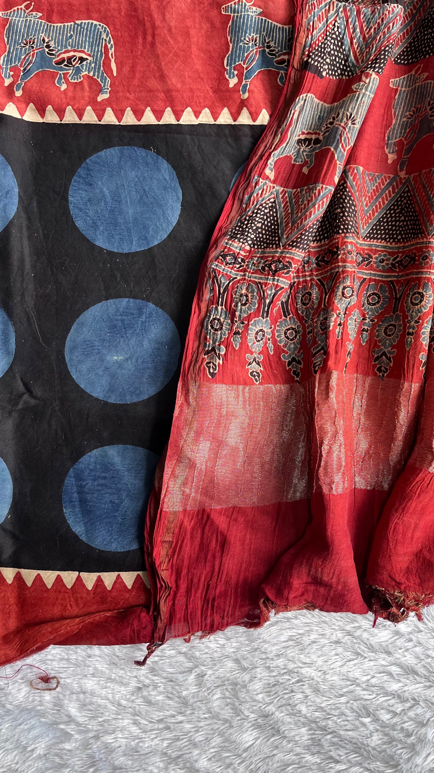 Red and Blue Cow and Polka Motif Ajrakh Hand Block Print Chanderi Silk Cotton 2 pc Suit Material