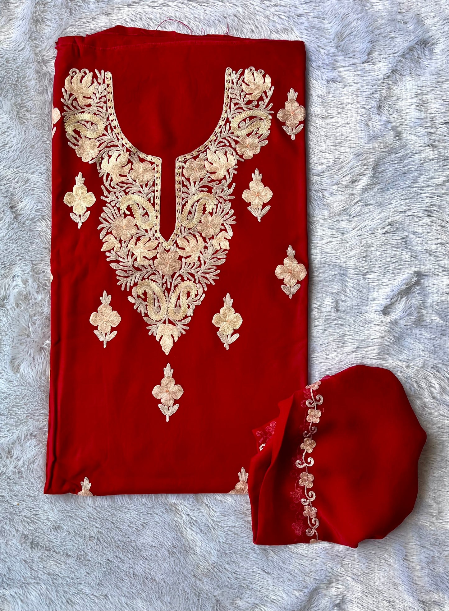 Deep Red Muslin Cotton Kashmiri Aari Full Embroidered 3pc Suit Set