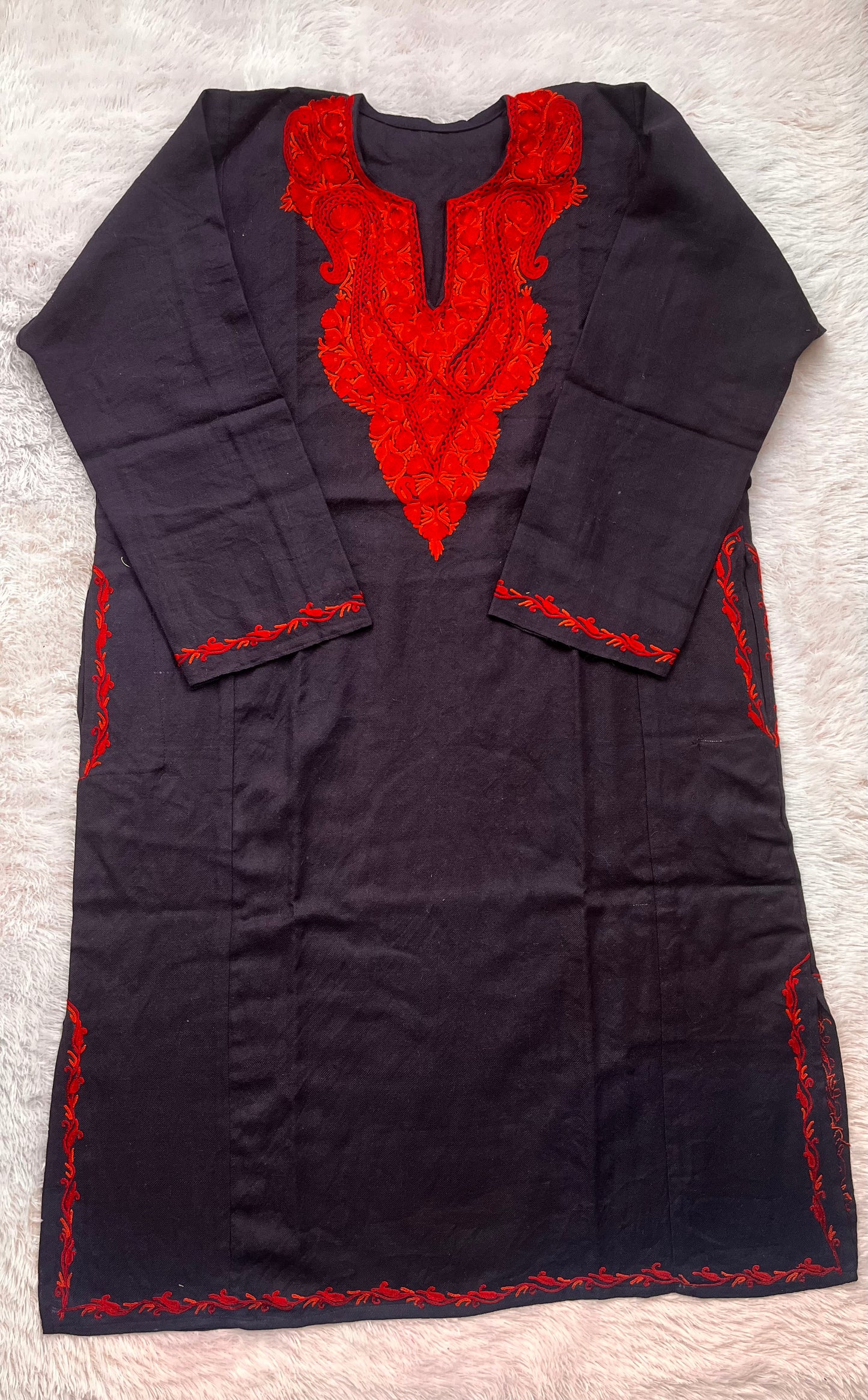 Navy Blue and Red Hand Embroidered Pure Marino Wool Pheran with Pockets