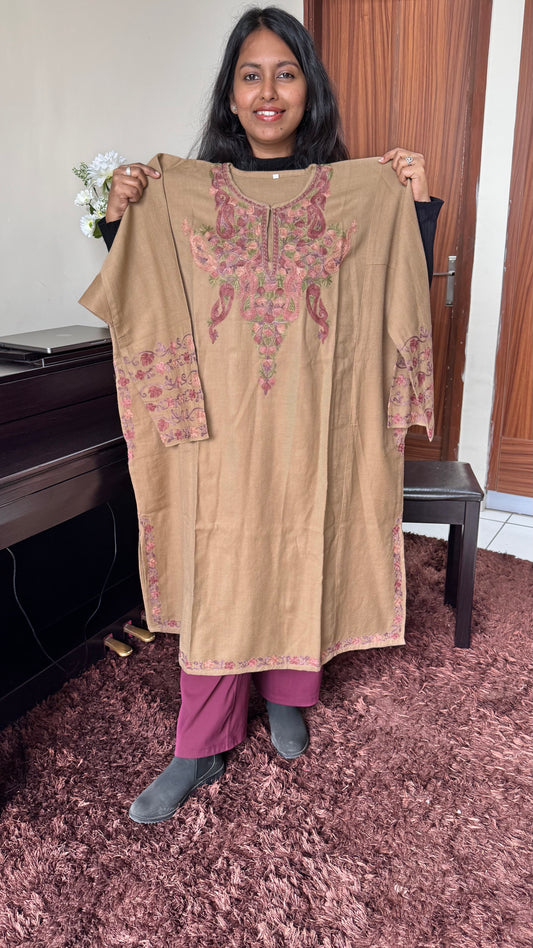 Rasin Shade Hand Embroidered Pure Marino Wool Kashmiri Pheran with Pockets and Hand Embroidered Sleeves (Size 56”)