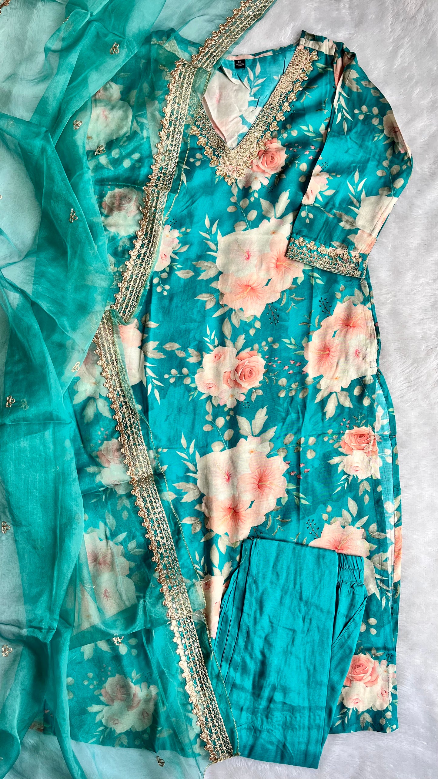 Teal Blue Floral Print Pure Muslin Suit Set with Organza Dupatta