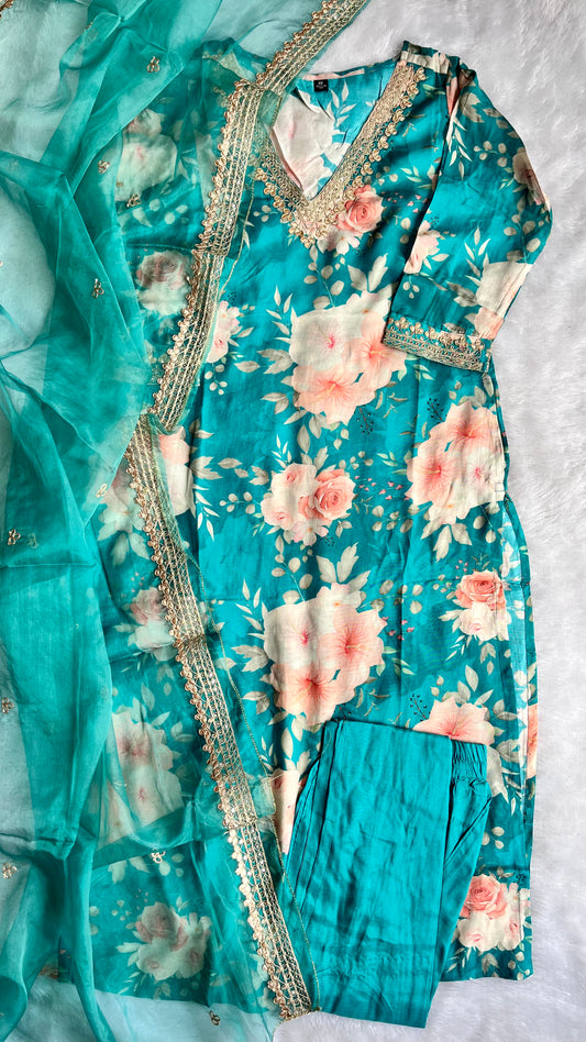 Teal Blue Floral Print Pure Muslin Suit Set with Organza Dupatta