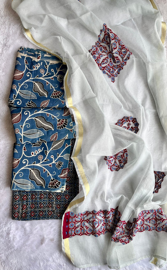 Blue Badaam Buti Pure Cotton Ajrakh Unstitched Suit Set with Ajrakh Applique Kota Dupatta
