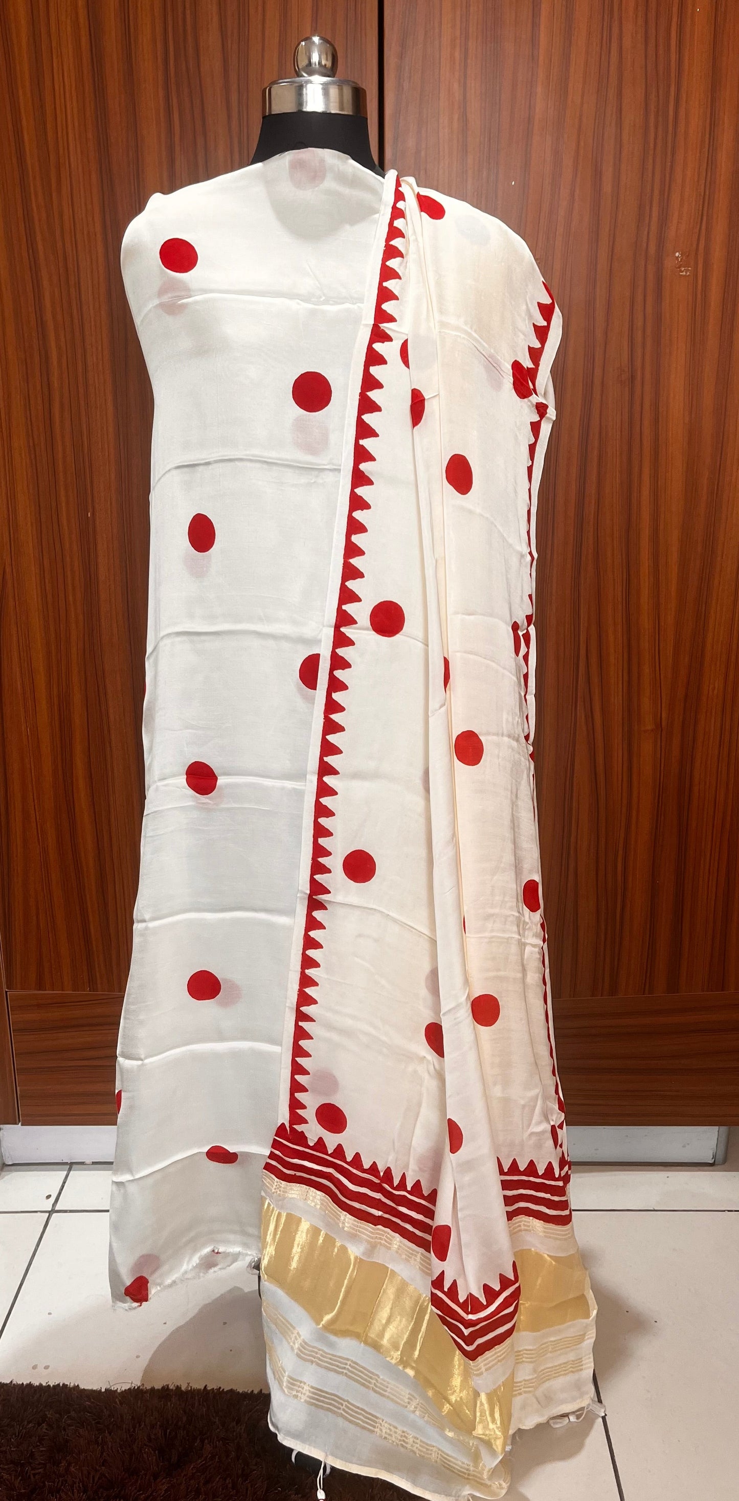 Milky White and Red Polka Motif Pure Modal Silk 2pc Suit Set with Lagdi Patti Dupatta