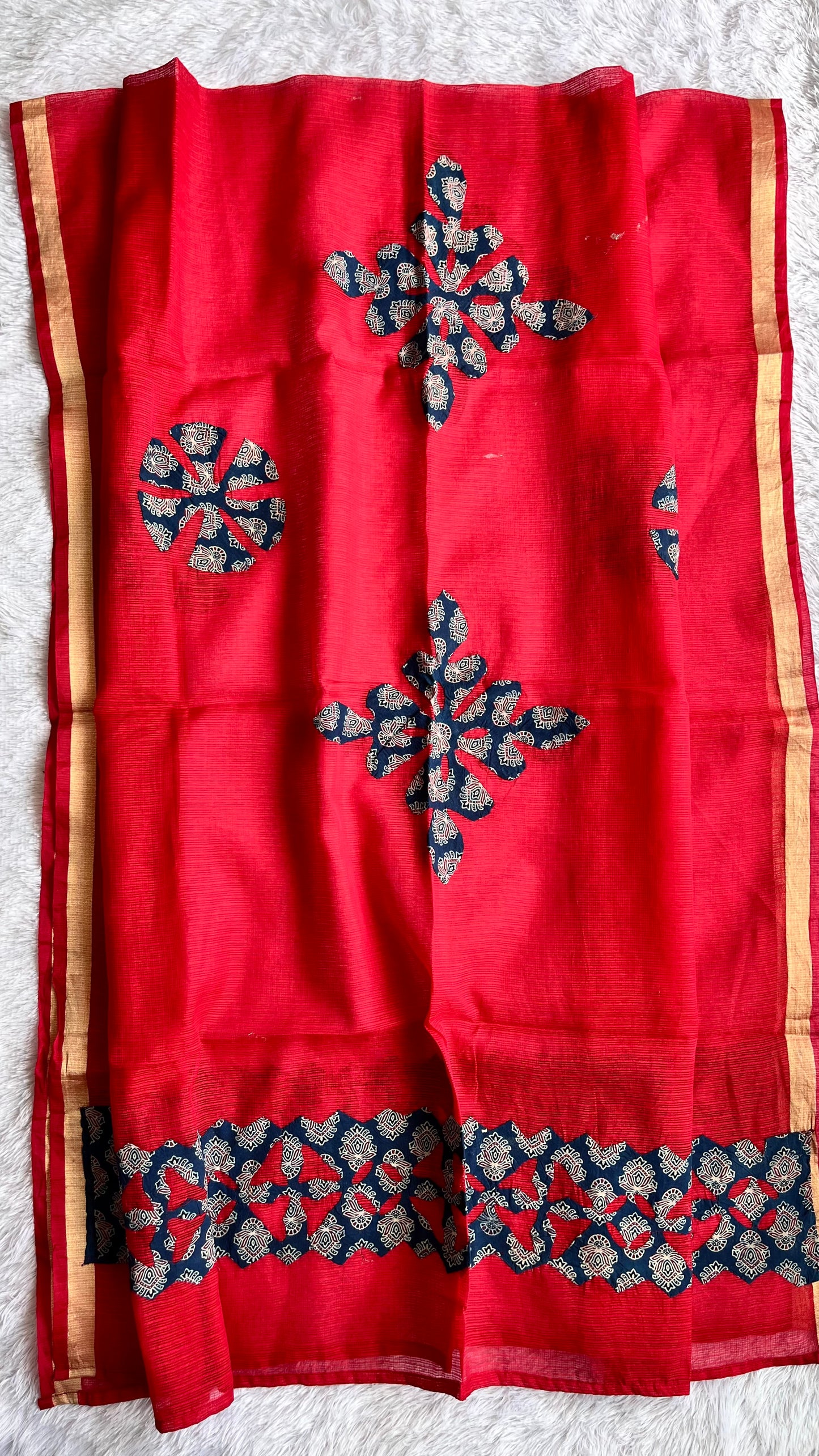 Red Kota Doria Dupatta with Blue Ajrakh Applique Patchwork