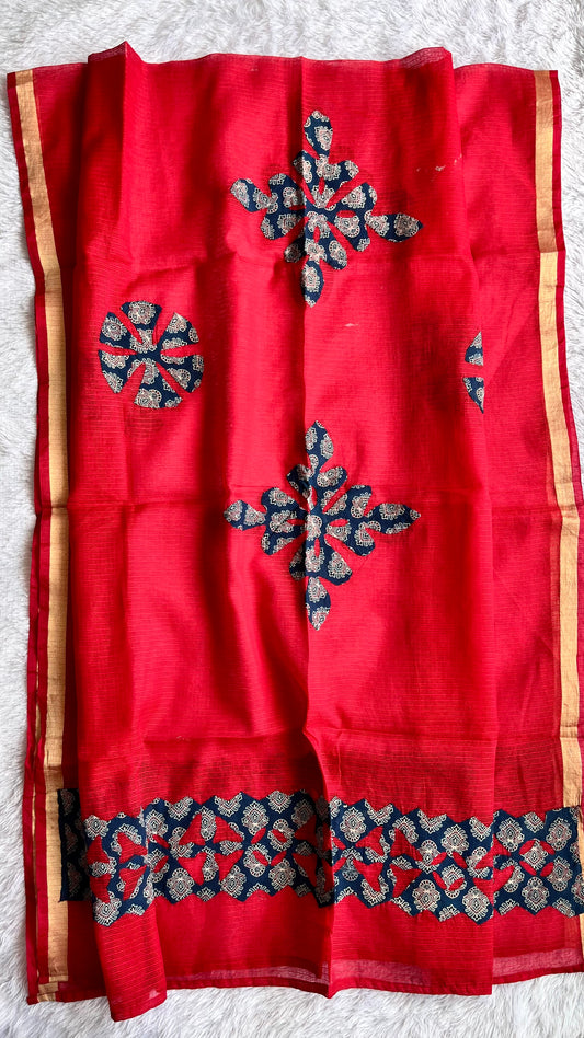 Red Kota Doria Dupatta with Blue Ajrakh Applique Patchwork