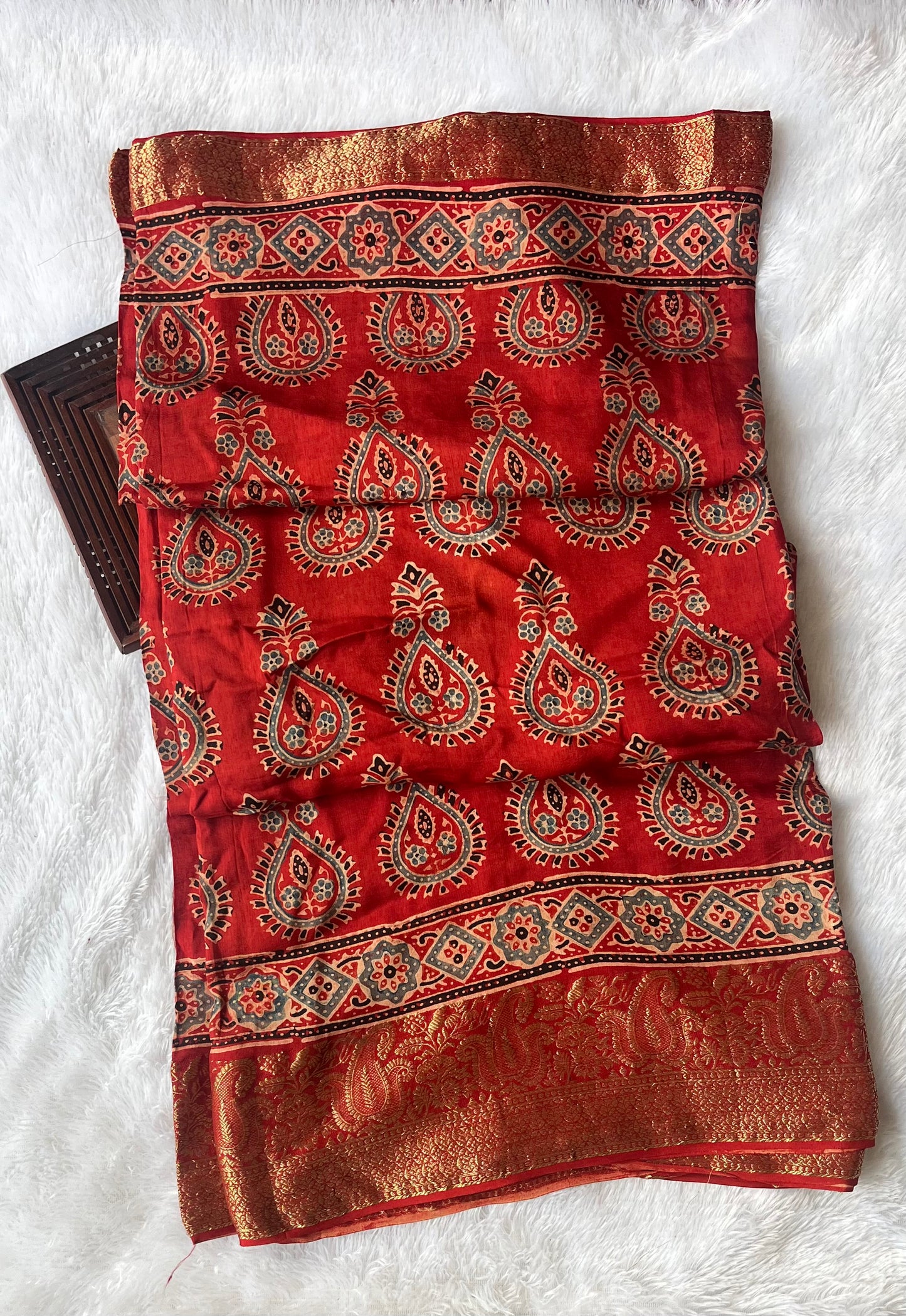 Sameeksha Ajrakh Hand Block Dola Silk Saree with Zari Pallu (With Blouse)