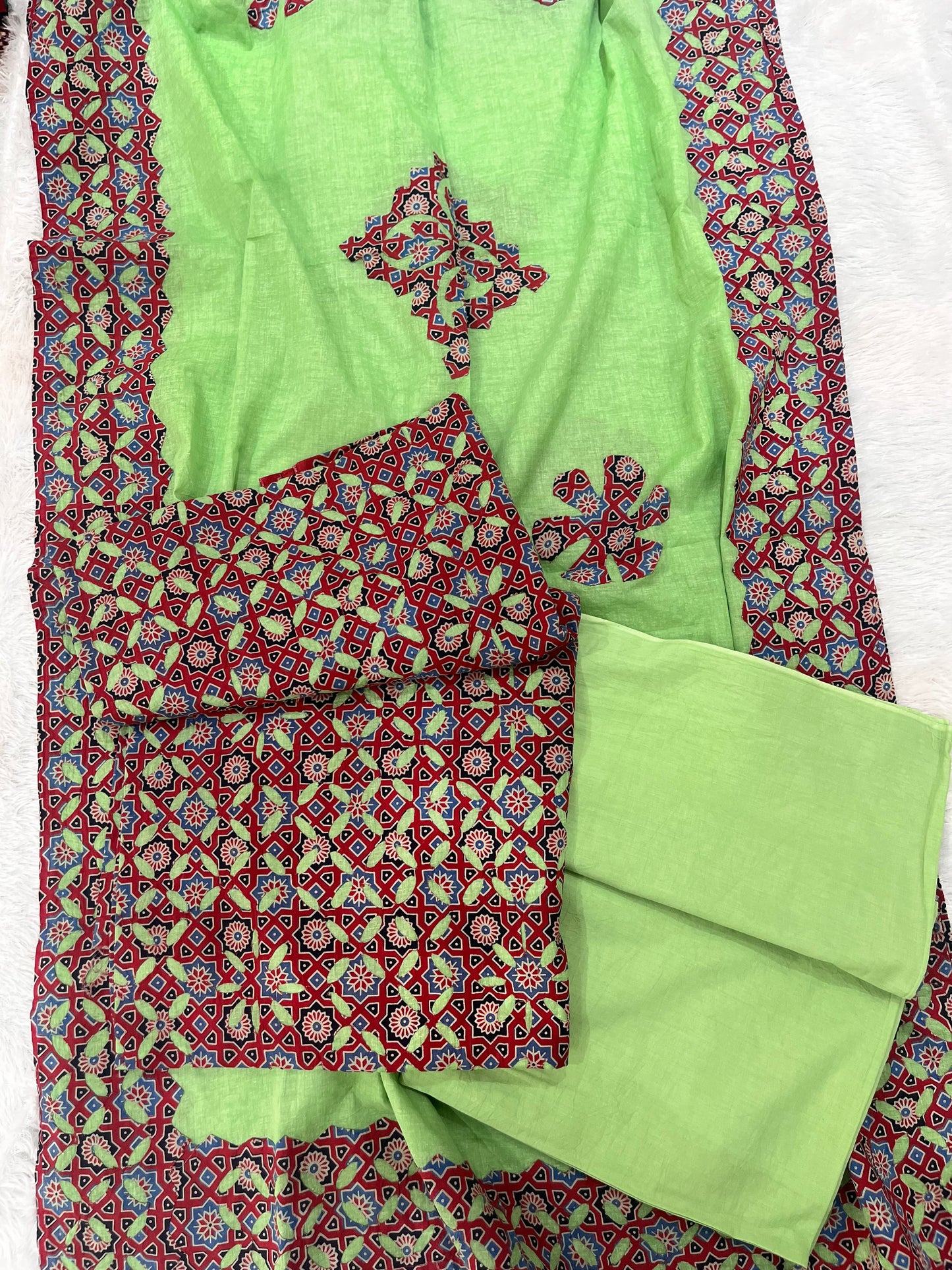 Parrot Green and Red Barmer Applique Cut Work Cotton Suit Material Set