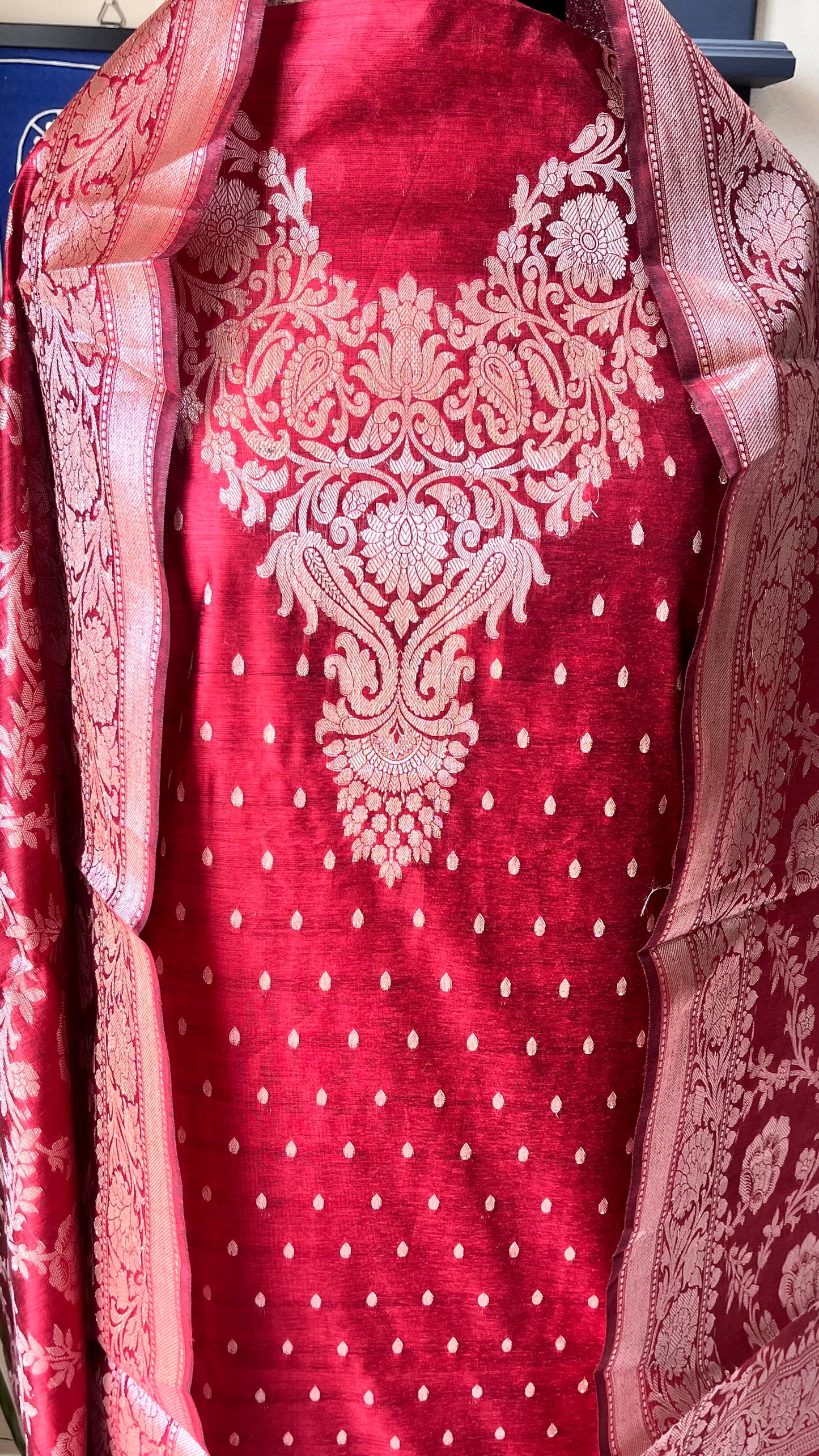 Sindoori Laal Shade Banarasi Silk Cotton 3-Piece Suit with Banarasi Woven Yoke & Dupatta