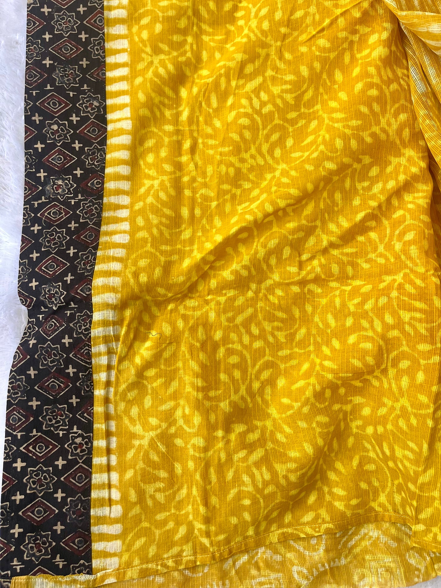 Peeli Abstarct Booti Handblock Printed Kota Saree with Ajrakh Patchwork Border