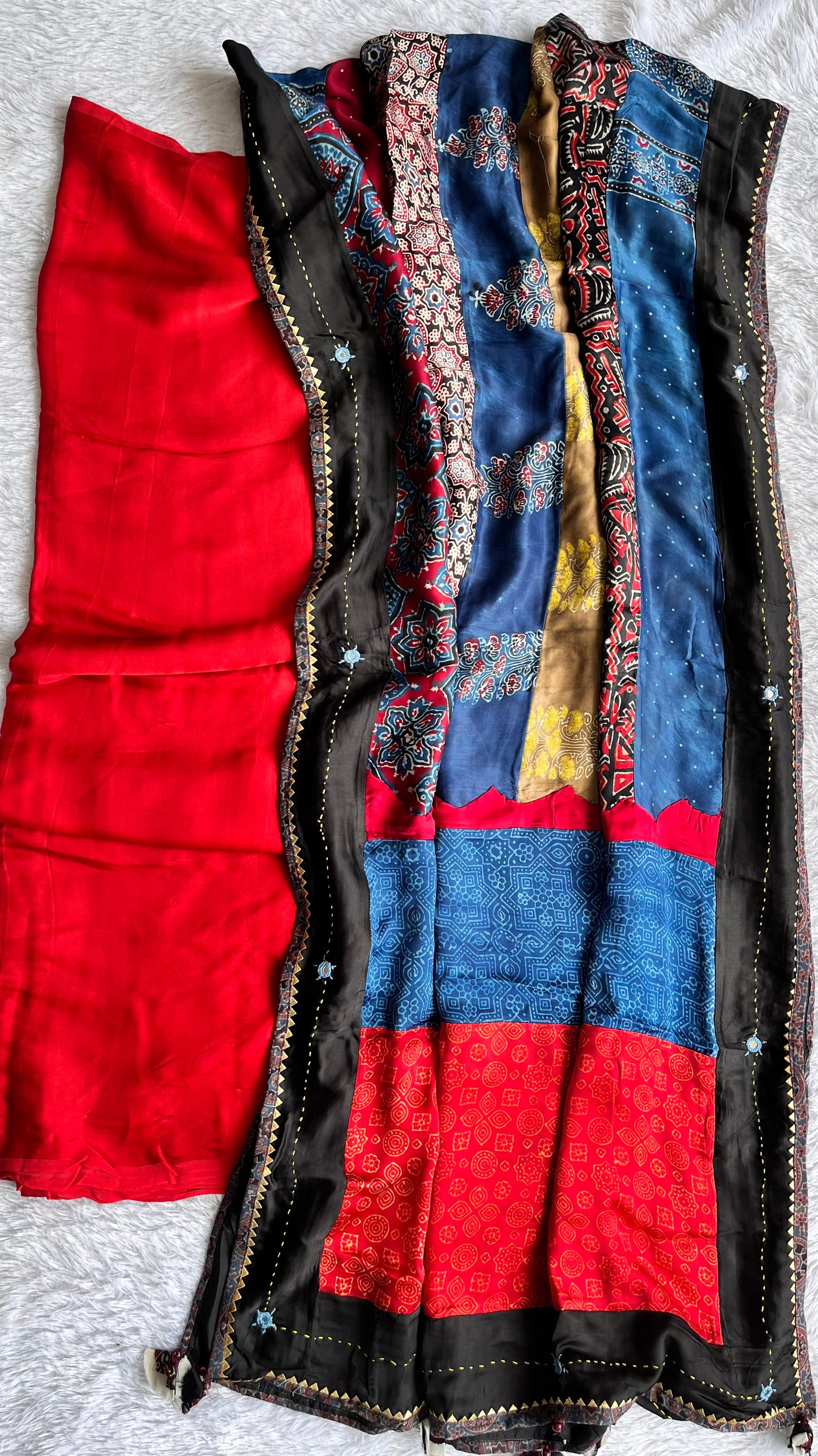 Red Solid Shade Multicolour Modal Silk Ajrakh Hand Block Print 2pc Suit Material Set with Applique Work Dupatta