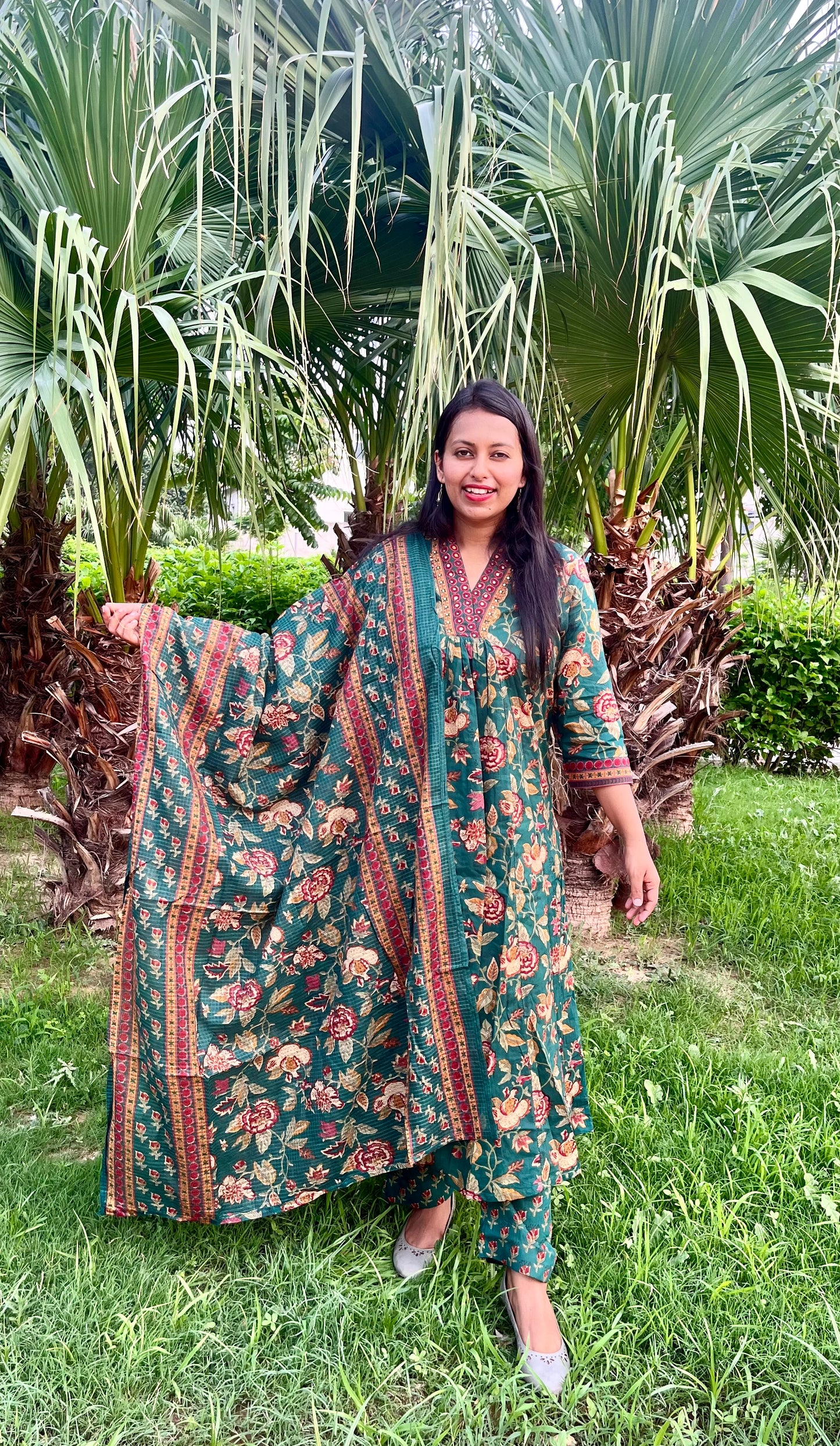 Green Floral Print Anarkali Suit Set with Cotton Dupatta