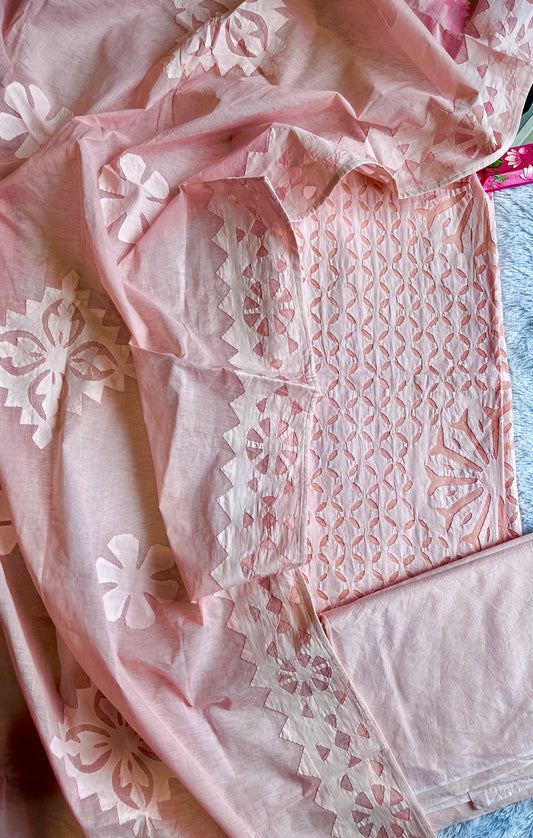 Tropical Peach Shade Barmer Applique Cut Work Cotton 3pc Suit Material Set