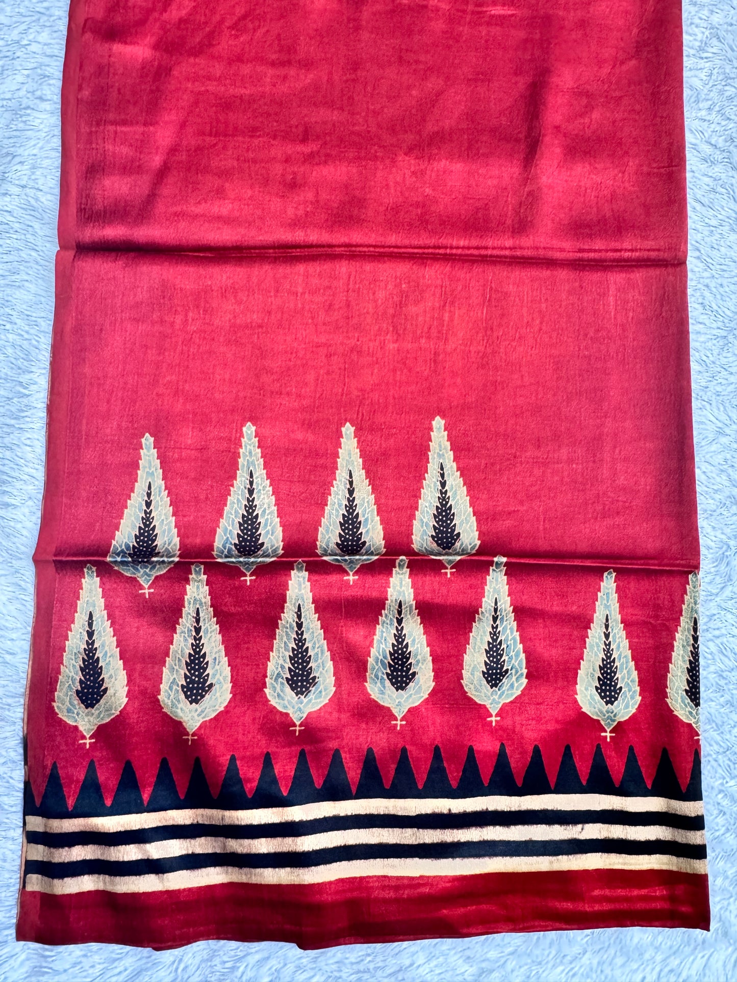 Deep Red Asopallav Motif Ajrakh Hand Block Print Mashru Silk 3 pc Suit Material with Modal Silk Dupatta