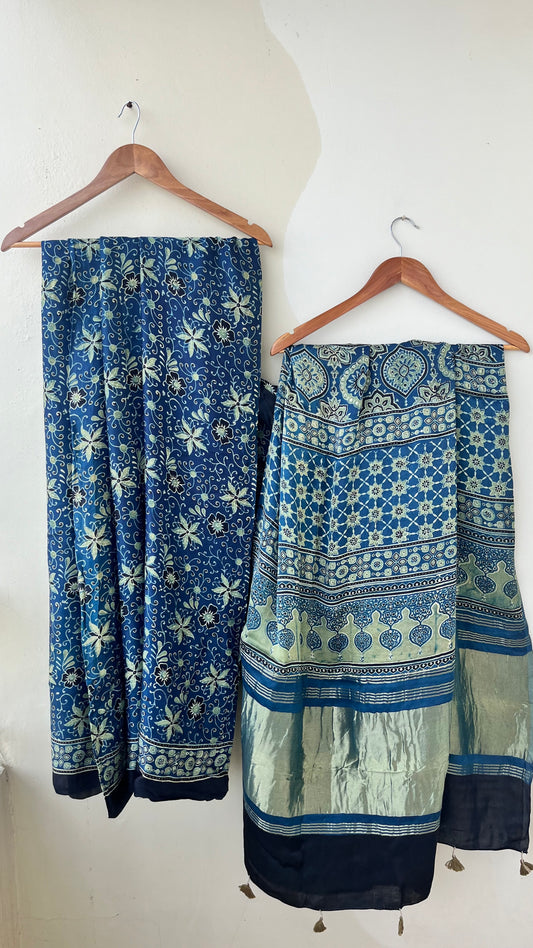 Indigo Small Flower Booti Ajrakh Hand Block Natural Dye Modal Silk Lagdi Patti Saree With Blouse