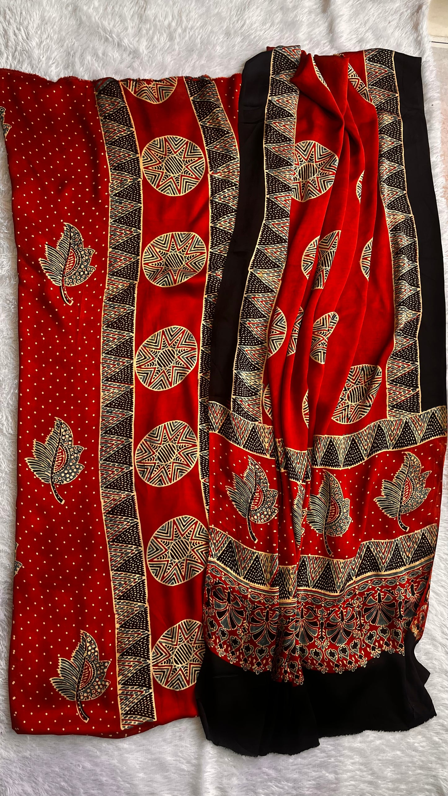 Maddar Red Patti and Circle Buti Modal Silk 2pc Suit Material Set with Modal Silk Dupatta